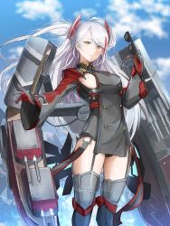 Rule 34 | 1girl, antenna hair, azur lane, black panties, blue sky, blurry, blurry background, blush, boots, breasts, bright pupils, brown eyes, buttons, closed mouth, cloud, cross, day, deal with it (meme), double-breasted, dress, unworn eyewear, garter straps, gloves, grey dress, grey footwear, grey gloves, highres, holding, holding removed eyewear, iron cross, kagerou (gigayasoma), large breasts, legs up, long hair, long sleeves, looking at viewer, machinery, meme, military, military uniform, mole, mole on breast, multicolored hair, outdoors, panties, pantyshot, prinz eugen (azur lane), red hair, short dress, sideboob, silver hair, sky, smile, solo, standing, streaked hair, sunglasses, swept bangs, thigh boots, thighhighs, turret, two side up, underbust, underwear, uniform, upskirt, very long hair, wide sleeves