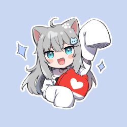 Rule 34 | 1girl, :3, :d, ahoge, amashiro natsuki, animal ears, black choker, blue background, blue eyes, blush stickers, cat ears, chibi, choker, commentary request, cropped torso, fang, grey hair, hair between eyes, hair ornament, indie virtual youtuber, long hair, looking at viewer, nachoneko, open mouth, outline, shirt, simple background, sleeves past fingers, sleeves past wrists, smile, solo, sparkle, upper body, very long hair, virtual youtuber, white outline, white shirt