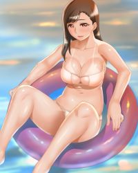 Rule 34 | 1990s (style), 1girl, arm support, bad leg, bare shoulders, breasts, cleavage, collarbone, final fantasy, final fantasy vii, highres, innertube, large breasts, long hair, looking at viewer, momi age, myoukenya, navel, parted lips, red eyes, retro artstyle, smile, solo, spread legs, swim ring, swimsuit, tan, tanline, tifa lockhart, water