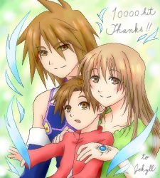 Rule 34 | 00s, age difference, anna irving, bare shoulders, blush, brown eyes, brown hair, child, family, father and son, happy, hug, jewelry, kratos aurion, lloyd irving, long hair, lowres, mother and son, necklace, oekaki, short hair, smile, spoilers, tales of (series), tales of symphonia, wings