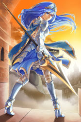 Rule 34 | 1girl, armor, armored boots, armored skirt, blue cape, blue eyes, blue hair, blue skirt, boobplate, boots, breastplate, cape, castle, city, closed mouth, cloud, commentary request, from behind, full body, garter straps, high heel boots, high heels, holding, holding polearm, holding weapon, long hair, looking at viewer, looking back, natsuya (kuttuki), orange sky, outdoors, pauldrons, polearm, shoulder armor, skirt, sky, smile, solo, spear, standing, venus blade, visor (armor), weapon