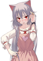 Rule 34 | 1girl, adjusting hair, animal ears, apron, bandaid, bandaid on hand, blush, cat ears, collarbone, commentary request, cowboy shot, dirty, dirty face, dress, feiqizi (fkey), fkey, hair between eyes, hand on own hip, hand up, heart, heart apron, heart print, highres, long hair, long sleeves, looking at viewer, nose blush, open mouth, original, pink apron, red eyes, red ribbon, ribbon, ribbon-trimmed dress, shirt, silver hair, simple background, solo, straight hair, v-shaped eyebrows, very long hair, white background, white shirt, wristband