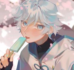 1boy black_gloves blue_eyes blue_hair blush child chongyun_(genshin_impact) commentary english_commentary fingerless_gloves food genshin_impact gloves highres hood hood_down jianli licking light_blue_hair looking_at_viewer male_focus petals popsicle portrait signature solo