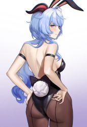 Rule 34 | 1girl, absurdres, adjusting clothes, adjusting leotard, ahoge, animal ears, arm strap, ass, back, backless leotard, bare shoulders, black leotard, blue hair, breasts, brown pantyhose, cowboy shot, embarrassed, fake animal ears, fake tail, from behind, ganyu (genshin impact), garter straps, genshin impact, goat horns, gradient background, hand on own ass, hand on own hip, highleg, highleg leotard, highres, horns, leotard, long hair, looking at viewer, looking back, medium breasts, pantyhose, playboy bunny, purple eyes, rabbit ears, rabbit tail, solo, standing, tail, tutou jiang