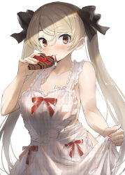 Rule 34 | 1girl, alternate hairstyle, apron, black ribbon, blush, box, breasts, brown eyes, cleavage, closed mouth, collarbone, conte di cavour (kancolle), fingernails, gift, gift box, grey hair, hair ribbon, heart-shaped box, highres, holding, holding gift, kantai collection, large breasts, long hair, naked apron, red ribbon, ribbon, simple background, smile, solo, toka (marchlizard), twintails, upper body, valentine, white apron, white background