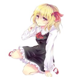 Rule 34 | 1girl, black dress, blonde hair, bow, dress, finger to mouth, full body, hair ribbon, long sleeves, looking at viewer, pink eyes, red footwear, ribbon, rumia, shirt, shoes, simple background, sitting, smile, solo, takitou, touhou, wariza, white background