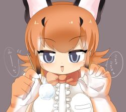 Rule 34 | 1girl, :3, animal ears, blue eyes, blush, bow, bowtie, cage, caracal (kemono friends), cat ears, center frills, commentary request, elbow gloves, frills, gloves, gradient gloves, grey background, holding, kemono friends, lets0020, looking at viewer, medium bangs, mimikaki, open mouth, orange bow, orange bowtie, orange gloves, orange hair, shirt, short hair, simple background, smile, solo, translation request, upper body, white gloves, white shirt