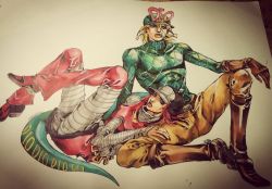 Rule 34 | araki hirohiko (style), bandages, bandage on face, blonde hair, boots, brown footwear, dated, diego brando, hat, hot pants (sbr), jojo no kimyou na bouken, lap pillow, legs up, lipstick, makeup, photo (medium), pink hair, pink lips, qi (bleachcxn), scary monsters (stand), sitting, spurs, steel ball run, tail, traditional media, turtleneck