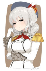 Rule 34 | 1girl, beret, breasts, brown eyes, chagen kokimu, dated, epaulettes, frills, gloves, grey hat, hat, kantai collection, kashima (kancolle), long hair, looking at viewer, red neckwear, silver hair, simple background, smile, solo, twintails, two-tone background, uniform, upper body, wavy hair, white gloves