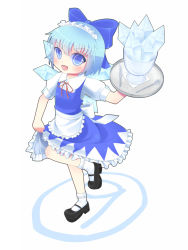Rule 34 | circled 9, 1girl, apron, bad id, bad pixiv id, blue eyes, blue hair, bow, cirno, clothes lift, dress, female focus, full body, hair bow, ice, mamakari, mary janes, matching hair/eyes, shoes, short hair, skirt, skirt lift, solo, touhou, tray, waitress, white background, wings