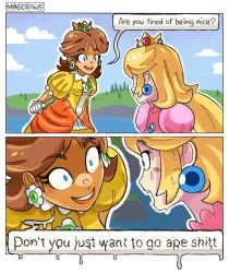 Rule 34 | 2girls, 2koma, artist name, blonde hair, blue eyes, blue gemstone, blue sky, blush, border, breasts, bright pupils, brooch, brown hair, cloud, comic, constricted pupils, crazy eyes, crown, day, dress, earrings, english text, evil smile, eye contact, face-to-face, female focus, flower earrings, frilled sleeves, frills, gem, gloves, green gemstone, hair flaps, jewelry, light blush, long hair, looking at another, mag (magdraws), mario (series), medium hair, meme, multiple girls, nervous, nintendo, open mouth, orange dress, outdoors, outline, over shoulder, pink dress, princess daisy, princess peach, profanity, puffy short sleeves, puffy sleeves, red gemstone, short hair, short sleeves, signature, sky, small breasts, smile, speech bubble, standing, super mario bros. 1, super mario land, super smash bros., sweat, nervous sweating, talking, teeth, tree, upper body, water, white border, white gloves, white outline, white pupils, yellow dress, yellow headwear