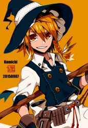 Rule 34 | 1girl, adapted costume, androgynous, artist name, belt, blonde hair, blue hat, blue vest, braid, broom, collared shirt, dated, gloves, grin, hair between eyes, hair ornament, hat, hosomitimiti, kirisame marisa, looking at viewer, pouch, shirt, short hair, signature, simple background, single braid, smile, solo, touhou, upper body, utility belt, vest, white shirt, wing collar, witch hat, yellow background, yellow eyes