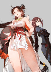 Rule 34 | 2girls, bare shoulders, black dress, black gloves, body markings, braid, braided ponytail, breasts, brown eyes, brown hair, cleavage, closed mouth, crossed arms, dress, earrings, elbow gloves, facial mark, fate/grand order, fate (series), forehead, forehead mark, glasses, gloves, grey dress, himiko (fate), himiko (first ascension) (fate), jewelry, large breasts, layered dress, long hair, looking at viewer, low-tied long hair, magatama, magatama necklace, medium breasts, multiple earrings, multiple girls, necklace, no bra, no panties, open mouth, ribbed dress, sash, side slit, sideboob, single braid, smile, stuffed toy, thighs, toi8, topknot, twintails, very long hair, white dress, yu mei-ren (fate), yu mei-ren (first ascension) (fate)