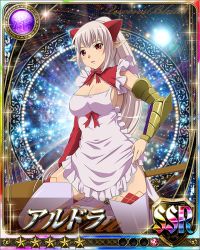 Rule 34 | 1girl, aldra (queen&#039;s blade), apron, breasts, card (medium), cleavage, large breasts, long hair, official art, ponytail, queen&#039;s blade, queen&#039;s blade rebellion, red eyes, shiny skin, solo, very long hair, wide hips