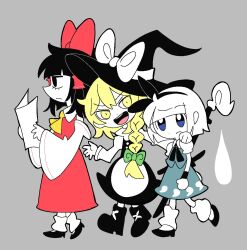Rule 34 | 3girls, apron, black bow, black dress, black eyes, black footwear, black hair, black ribbon, black wristband, blonde hair, blue eyes, blunt bangs, boots, bow, bowtie, braid, buttons, collared shirt, detached sleeves, dmebgsa3, dress, expressionless, ghost, ghost print, green ribbon, green skirt, green vest, grey background, hair between eyes, hair ornament, hair ribbon, hairband, hakurei reimu, hand on another&#039;s shoulder, hat, hat ribbon, height difference, highres, holding, holding paper, japanese clothes, juliet sleeves, kirisame marisa, kneehighs, konpaku youmu, long hair, long skirt, long sleeves, medium hair, miko, multicolored clothes, multicolored shirt, multiple girls, neckerchief, nontraditional miko, open mouth, pale skin, paper, puffy long sleeves, puffy short sleeves, puffy sleeves, red ribbon, red shirt, red skirt, ribbon, ribbon braid, scabbard, sheath, sheathed, shirt, shoes, short sleeves, simple background, single braid, skirt, sleeveless, sleeves past wrists, socks, sweater, sword, teeth, tongue, touhou, turtleneck, turtleneck sweater, upper teeth only, vest, waist apron, walking, weapon, white apron, white hair, white ribbon, white shirt, white socks, white sweater, witch, witch hat, wristband, yellow eyes, yellow neckerchief