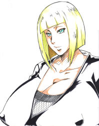 Rule 34 | 1girl, alternate breast size, blonde hair, blue eyes, breasts, cleavage, covered erect nipples, female focus, gigantic breasts, huge breasts, looking at viewer, naruto (series), naruto shippuuden, samui (naruto), short hair, simple background, solo, sunahara wataru, upper body, v-shaped eyebrows, white background