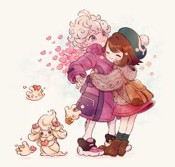 Rule 34 | 1boy, 1girl, :t, ahoge, alcremie, alcremie (love sweet), backpack, bag, bede (pokemon), blush, boots, brown bag, brown footwear, brown hair, cable knit, cardigan, closed mouth, coat, commentary request, creatures (company), curly hair, evolutionary line, eyelashes, game freak, gen 8 pokemon, gloria (pokemon), green headwear, green legwear, grey cardigan, hat, heart, hooded cardigan, hug, leggings, long sleeves, milcery, nintendo, pokemon, pokemon (creature), pokemon swsh, purple coat, shoes, short hair, smile, socks, standing, tam o&#039; shanter, zzzpani