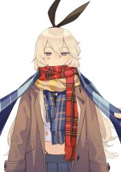 Rule 34 | 1girl, blonde hair, blue scarf, blue skirt, brown coat, check commentary, coat, commentary request, crop top, enpera, hair between eyes, highres, ichiroku (sakumogu-029), kantai collection, long hair, long sleeves, looking at viewer, multiple scarfs, open clothes, open coat, plaid, plaid scarf, pleated skirt, purple eyes, red scarf, scarf, school uniform, serafuku, shimakaze (kancolle), simple background, skirt, solo, white background, yellow scarf