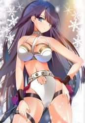 Rule 34 | 1girl, bikini, blue eyes, blunt bangs, breasts, clothing cutout, commentary request, fate/grand order, fate (series), hand on own hip, highres, holy maiden&#039;s teaching, large breasts, light smile, long hair, martha (fate), navel, navel cutout, purple hair, smug, snowflake background, solo, swimsuit, thigh strap, very long hair, waist cape, white bikini, wrestling outfit, wristband, yahoo0124