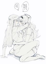Rule 34 | 2girls, arm support, blush, commentary request, face-to-face, hairband, hand on another&#039;s head, long hair, multiple girls, parted lips, roru (lol dessin), saijou claudine, shoujo kageki revue starlight, simple background, sitting, tendou maya, translation request, wariza, white background, yuri
