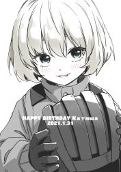 Rule 34 | 1girl, blue eyes, blush, bob cut, character name, commentary, cyrillic, dated, fang, girls und panzer, gloves, greyscale, happy birthday, unworn headwear, helmet, unworn helmet, highres, holding, holding helmet, hone (honehone083), jumpsuit, katyusha (girls und panzer), long sleeves, looking at viewer, monochrome, open mouth, pravda military uniform, russian text, short hair, smile, solo, spot color, tank helmet