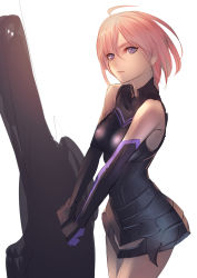 Rule 34 | 1girl, absurdres, armor, armored dress, bad id, bad pixiv id, bare shoulders, black leotard, breasts, elbow gloves, fate/grand order, fate (series), gloves, hair over one eye, highleg, highleg leotard, highres, leotard, light purple hair, looking at viewer, mash kyrielight, medium breasts, purple eyes, purple gloves, shield, short hair, simple background, solo, t800, thighs, white background