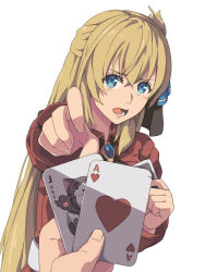 Rule 34 | 1boy, 1girl, ace (playing card), ace of hearts, agnes claudel, blonde hair, blue eyes, brooch, card, chiharu (9654784), commentary request, double-parted bangs, eiyuu densetsu, eyelashes, hair between eyes, half updo, heart, highres, holding, holding card, jewelry, joker (playing card), kuro no kiseki, long hair, mishy, old maid, open mouth, outside border, playing card, pov, simple background, teeth, van arkride, white background