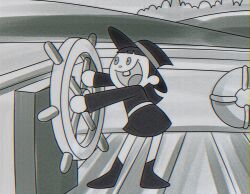 Rule 34 | 1920s (style), 1girl, commentary, disney, english commentary, hat, highres, kagari atsuko, little witch academia, luna nova school uniform, medium hair, open mouth, parody, school uniform, single tooth, solo, standing, stargazing ori, steamboat willie, steering wheel, witch, witch hat