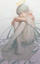 Rule 34 | 1girl, absurdres, dress, full body, gradient background, grey eyes, grey hair, halo, highres, knees up, long hair, looking at viewer, original, pantyhose, sitting, solo, tears, usukuchi (impasto life), very long hair, white dress, white pantyhose