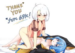 Rule 34 | 2girls, :o, blouse, blue eyes, blue hair, blush, breasts, brown eyes, cleavage, collaboration, covered erect nipples, elie wayne, embarrassed, feet, flat chest, highres, jacket, jan azure, kneeling, large breasts, long hair, looking at viewer, lying, multiple girls, namiorii, open clothes, open shirt, original, panties, panties around ankles, panty pull, shirt, short hair, thank you, thighs, underwear, white hair, yellow panties