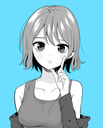 Rule 34 | 1girl, absurdres, aqua background, blush, breasts, closed mouth, collarbone, commentary request, frown, greyscale with colored background, highres, index finger raised, jacket, long sleeves, looking at viewer, love live!, love live! sunshine!!, medium breasts, monochrome, off shoulder, shirt, short hair, sleeveless, sleeveless shirt, solo, tatsumi432, upper body, watanabe you