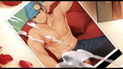Rule 34 | 1boy, abs, ace attorney, bara, black hair, black pants, closed mouth, condom, condom on penis, cum, cum tribute, cumtribute, erection, hat, highres, large pectorals, looking at viewer, male focus, masayoshi togashi (alu379), muscular, muscular male, navel, nipples, pants, pectorals, penis, phoenix wright, photo (object), short hair, smile, solo, testicles, topless male