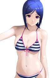 Rule 34 | 1girl, absurdres, bad id, bad pixiv id, bare arms, bare shoulders, bikini, blue eyes, breasts, cleavage, collarbone, halterneck, high ponytail, highres, light smile, love live!, love live! sunshine!!, matsuura kanan, medium breasts, navel, ponytail, purple eyes, sidelocks, simple background, solo, striped bikini, striped clothes, swimsuit, ta 02ss, two-tone bikini, two-tone swimsuit, upper body, white background