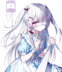 Rule 34 | 1girl, apron, bandages, blood, blood bag, blue dress, commentary request, dot nose, dress, earrings, eyepatch, frilled apron, frills, frown, hair ornament, heart, heart hair ornament, holding, holding syringe, jewelry, kazunehaka, long hair, looking at viewer, medical eyepatch, original, purple eyes, short sleeves, sidelocks, solo, striped clothes, striped dress, syringe, two side up, white apron, white hair, white wings, wings