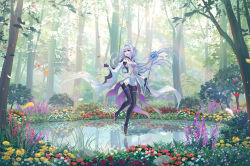 Rule 34 | 1girl, ahoge, black gloves, black pantyhose, breasts, commentary request, dress, elsa (g557744), fate/grand order, fate (series), fingerless gloves, flower, forest, gloves, high heels, holding, holding staff, long hair, medium breasts, merlin (fate/prototype), merlin (fate/prototype) (second ascension), nature, open mouth, pantyhose, petals, pointy ears, pond, purple eyes, short dress, solo, staff, standing, standing on liquid, tree, very long hair, white dress, white footwear, white hair