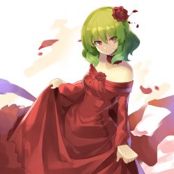 Rule 34 | 1girl, alternate costume, bare shoulders, breasts, choker, collarbone, commentary request, dress, eyes visible through hair, falken (yutozin), flower, frilled choker, frills, green hair, hair between eyes, hair flower, hair ornament, head tilt, highres, kazami yuuka, long dress, long sleeves, looking at viewer, medium breasts, off-shoulder dress, off shoulder, one-hour drawing challenge, petals, red choker, red dress, red eyes, red flower, red rose, rose, short hair, skirt hold, smile, solo, touhou, v-shaped eyebrows, white background