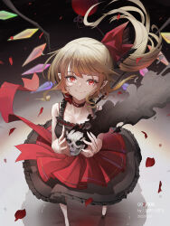 Rule 34 | 1girl, absurdres, blonde hair, choker, crystal, flandre scarlet, frills, from above, full body, hair ribbon, highres, long hair, looking at viewer, looking up, medium hair, petals, pointy ears, qiaogun damodao, red eyes, red ribbon, ribbon, side ponytail, skirt, skull, smile, smoke, solo, touhou, wings