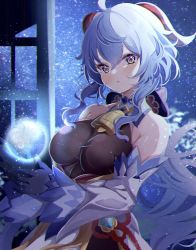 Rule 34 | 1girl, ahoge, bare shoulders, bell, blue hair, blush, bodice, bodystocking, bodysuit, breasts, brown bodysuit, chinese knot, cowbell, detached sleeves, flower knot, ganyu (genshin impact), genshin impact, gloves, gold trim, horns, large breasts, looking at viewer, neck bell, orb, outdoors, purple eyes, sa-ya2, solo, vision (genshin impact), waist cape, white sleeves