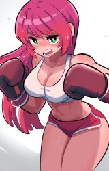 Rule 34 | 1girl, amazu (kurozu), bare shoulders, blush, boxing gloves, breasts, cleavage, collarbone, commentary, crop top, english commentary, fangs, green eyes, groin, highres, long hair, looking at viewer, mari (amazu), medium breasts, open mouth, original, purple hair, red shorts, short shorts, shorts, solo, sweat, thick eyebrows, very long hair, white background