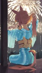 Rule 34 | 1girl, alternate costume, animal ears, arm up, blue kimono, blurry, blurry background, blush, commentary request, feet out of frame, fireworks, hair tie in mouth, hand up, highres, holding, holding own hair, horse ears, horse girl, horse tail, japanese clothes, kimono, long hair, long sleeves, looking at viewer, looking back, mouth hold, night, ningen gokko, obi, orange hair, outdoors, sash, silence suzuka (umamusume), sitting, solo, tail, umamusume, veranda, wide sleeves, yukata