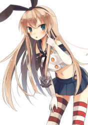 Rule 34 | 10s, 1girl, akanbe, anchor, blonde hair, blue eyes, eyelid pull, gloves, hair ornament, hairband, hand on thigh, kantai collection, long hair, midriff, navel, sailor collar, shimakaze (kancolle), shugao, skirt, solo, striped clothes, striped thighhighs, thighhighs, tongue, tongue out