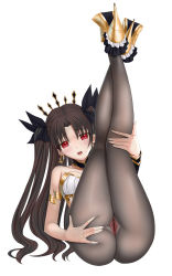 Rule 34 | 1girl, arisku, armlet, ass, bare shoulders, black pantyhose, black ribbon, blush, breasts, brown hair, chestnut mouth, collar, crotch seam, earrings, fate/grand order, fate (series), frills, full body, hair ribbon, high heels, highres, hoop earrings, ishtar (fate), jewelry, legs together, legs up, long hair, looking at viewer, lying, medium breasts, no panties, on back, pantyhose, parted bangs, pussy, red eyes, ribbon, round teeth, shiny clothes, solo, spread pussy, spread pussy under clothes, tareme, teeth, tohsaka rin, two side up, yellow footwear