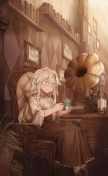 Rule 34 | 1girl, ari (shichigatsu), armchair, bad id, bad pixiv id, blouse, book, bookshelf, braid, brown eyes, brown skirt, cabinet, chair, closed mouth, grey hair, highres, holding, indoors, long skirt, original, painting (object), parted lips, phonograph, plant, pot, potted plant, shichigatsu, shirt, sitting, skirt, solo, twin braids, twintails, white shirt