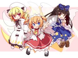 Rule 34 | 3girls, arms up, black footwear, black hair, black neckwear, blonde hair, blue dress, blue eyes, bow, bowtie, brown footwear, chestnut mouth, clenched hand, crescent, dress, drill hair, fairy wings, fang, hair ribbon, headdress, isu (is88), juliet sleeves, leaning forward, long hair, long sleeves, looking at viewer, luna child, multicolored background, multiple girls, open mouth, petticoat, pink background, puffy sleeves, red hair, red skirt, ribbon, short hair, sitting, skirt, spread legs, standing, star (symbol), star print, star sapphire, sun symbol, sunny milk, touhou, two-tone shirt, two side up, very long hair, w, white background, white dress, white footwear, white headwear, white legwear, wings, yellow eyes