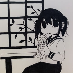 Rule 34 | 1girl, absurdres, black eyes, branch, collared shirt, cup, drinking straw, explosion psycho, haguruma hasami (explosion psycho), highres, holding, holding cup, holding straw, leaf, long skirt, long sleeves, medium hair, monochrome, open mouth, original, sailor, sailor collar, shirt, sitting, skirt, sleeves past wrists, table, traditional media, twintails, white shirt, window