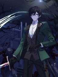 Rule 34 | 1boy, absurdres, belt, black belt, black eyes, black gloves, black hair, black pants, black vest, blood, blood on clothes, chel (ttt lc), closed mouth, collared shirt, gloves, green jacket, highres, holding, holding sword, holding weapon, jacket, limbus company, long sleeves, male focus, pants, project moon, shirt, solo, sword, vest, weapon, white shirt, yi sang (project moon)