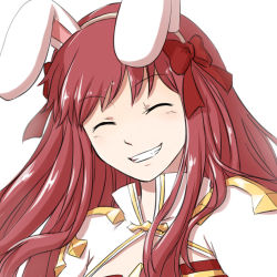 Rule 34 | 1girl, animal ears, arch bishop (ragnarok online), bow, brown hairband, cleavage cutout, closed eyes, clothing cutout, commentary request, cross, dress, fake animal ears, grin, hair bow, hairband, long hair, natsuya (kuttuki), rabbit ears, ragnarok online, red bow, red hair, simple background, smile, solo, two-tone dress, upper body, white background, white dress