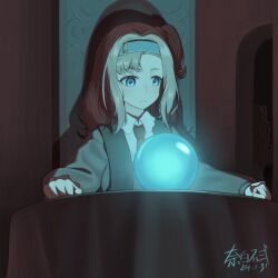 Rule 34 | 2girls, :&lt;, absurdres, arch, artist name, asymmetrical bangs, blue eyes, blue hairband, buernia, collared shirt, crystal ball, dark background, dated, glowing, grey hair, grey sweater, hairband, hands on table, highres, long sleeves, looking at object, looking down, matilda bouanich, medium hair, meme, multiple girls, necktie, one side up, orb, pondering my orb (meme), red necktie, reverse:1999, round table, shirt, signature, solo focus, sonetto (reverse:1999), sweater, table, tablecloth, upper body, white shirt