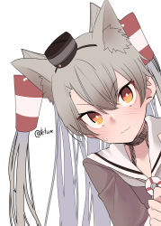 Rule 34 | 1girl, amatsukaze (kancolle), animal ears, brown dress, brown neckerchief, dress, extra ears, grey hair, hair tubes, highres, kantai collection, lifebuoy ornament, long hair, looking at viewer, neckerchief, orange eyes, peeking out, sailor collar, sailor dress, short dress, simple background, solo, tetuw, two side up, upper body, white background, white sailor collar, wolf ears