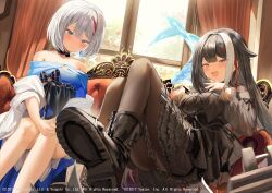 Rule 34 | 2girls, admiral graf spee (azur lane), azur lane, bare shoulders, black bow, black choker, black dress, black footwear, black hair, black pantyhose, blue dress, bob cut, boots, bow, breasts, choker, cleavage, couch, curtains, deutschland (azur lane), dress, dress bow, frilled dress, frills, grey hair, hair between eyes, highres, indoors, long sleeves, medium breasts, multicolored hair, multiple boys, multiple girls, official art, on couch, open mouth, pantyhose, parted bangs, red hair, short hair, sidelocks, sitting, smile, streaked hair, white hair, window, y o u k a